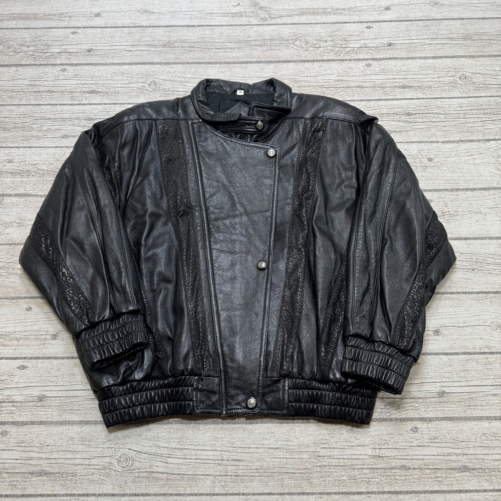 Vintage Perfect Well Leather Coat Women's M Black Quilted Bomber Asymetrical